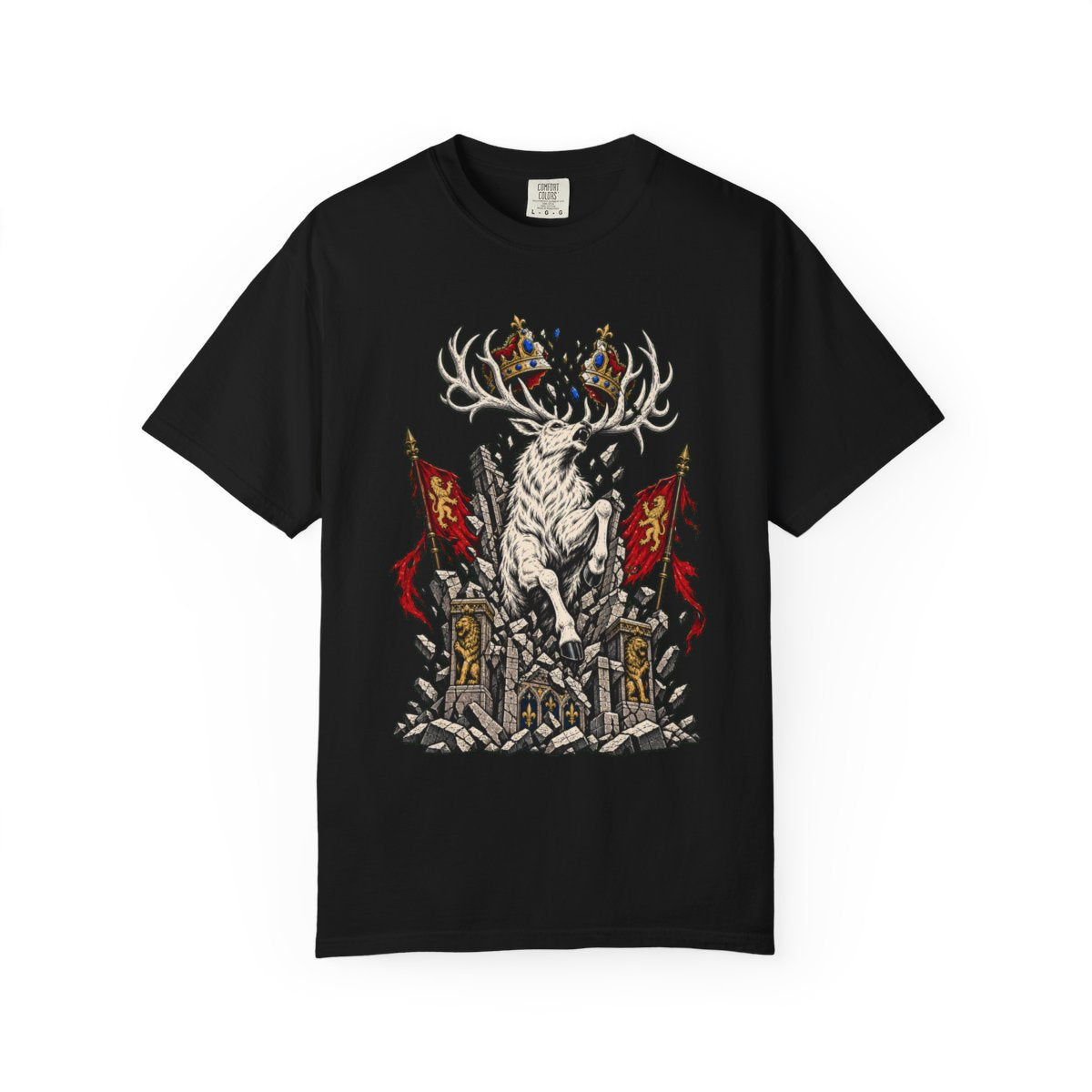 Thronebreaker Front Print Tee large front print on a Black Comfort Colors 1717 tee