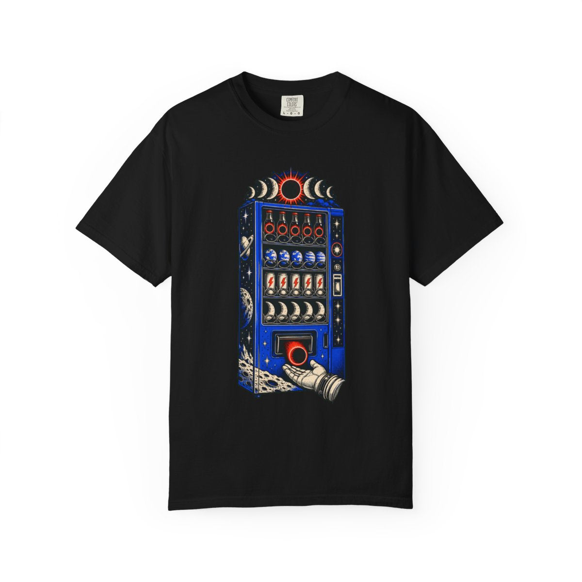 Void Vending Machine Front Print Tee large front print on a Black Comfort Colors 1717 tee