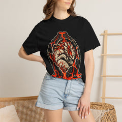 Volcano Shell Front Print Tee worn Printify context view on a Black Comfort Colors 1717 tee