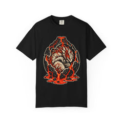 Volcano Shell Front Print Tee large front print on a Black Comfort Colors 1717 tee