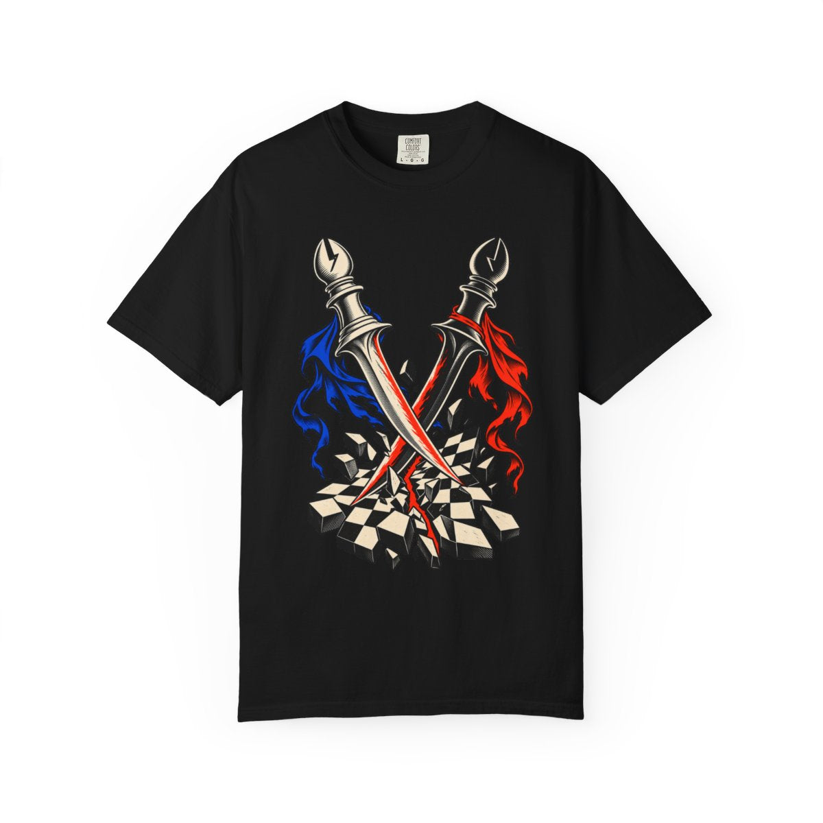 Bishop's Cut Front Print Tee large front print on a Black Comfort Colors 1717 tee