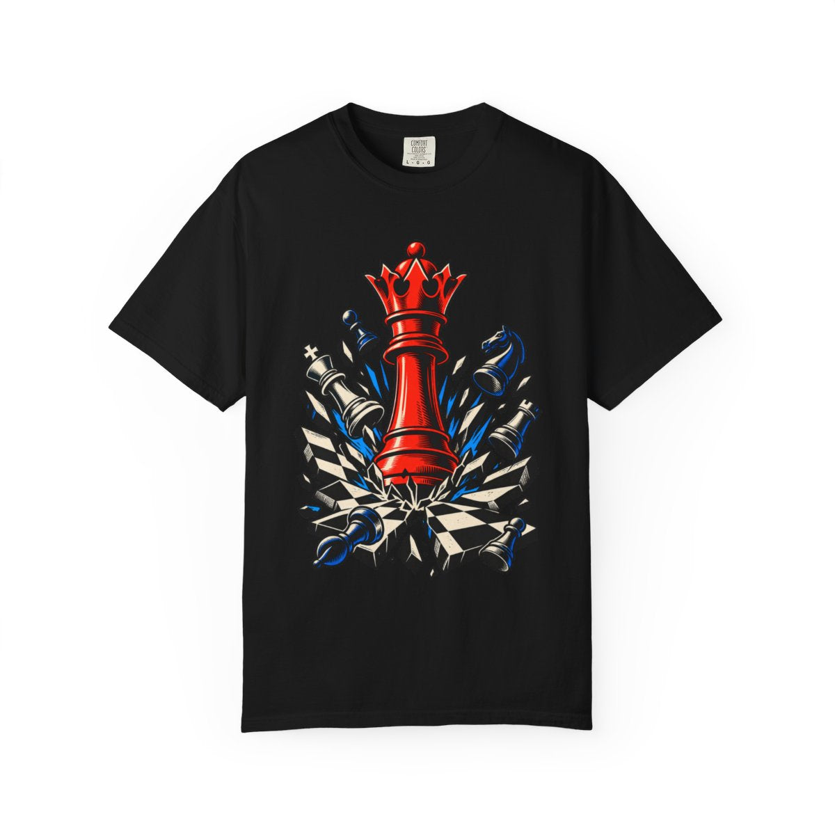 Queenfall Front Print Tee large front print on a Black Comfort Colors 1717 tee