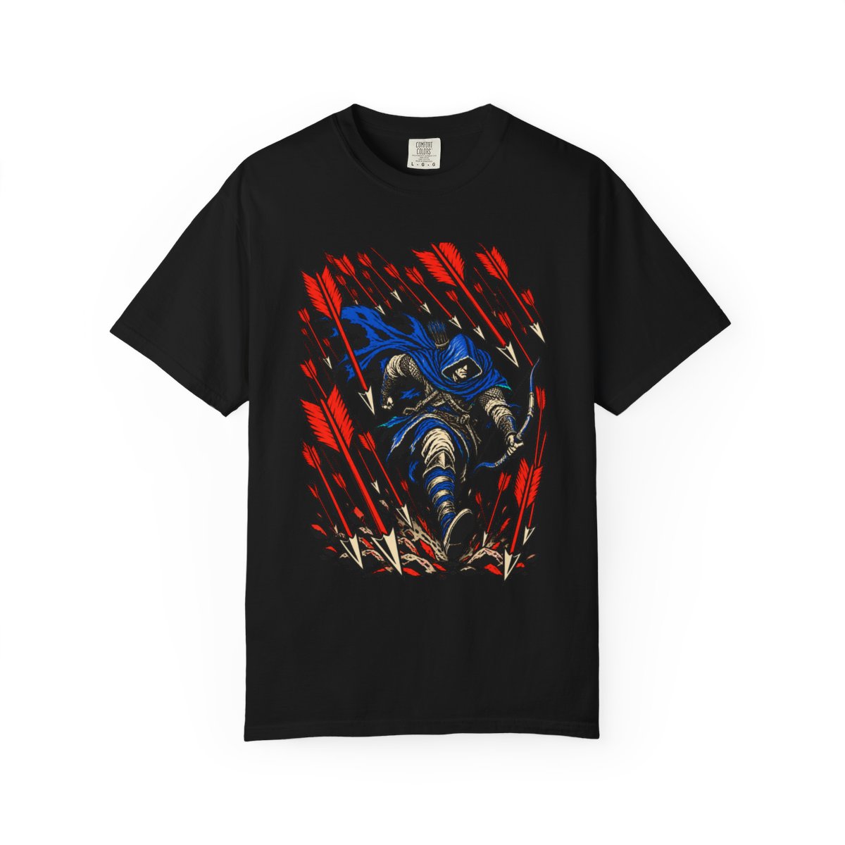 Arrowstorm Front Print Tee large front print on a Black Comfort Colors 1717 tee