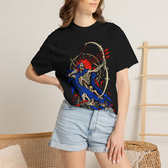 Death's Release Front Print Tee worn Printify context view on a Black Comfort Colors 1717 tee