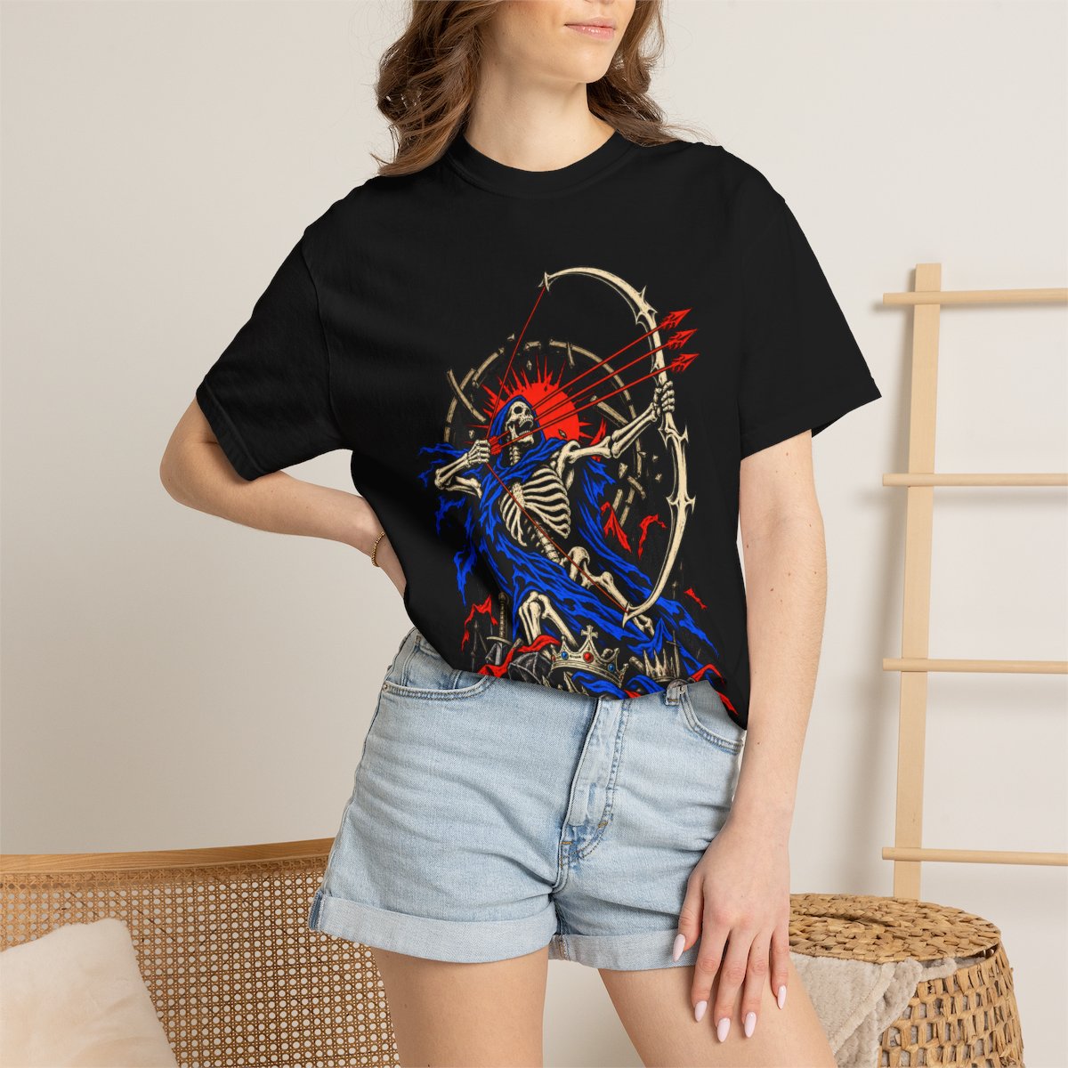 Death's Release Front Print Tee worn Printify context view on a Black Comfort Colors 1717 tee