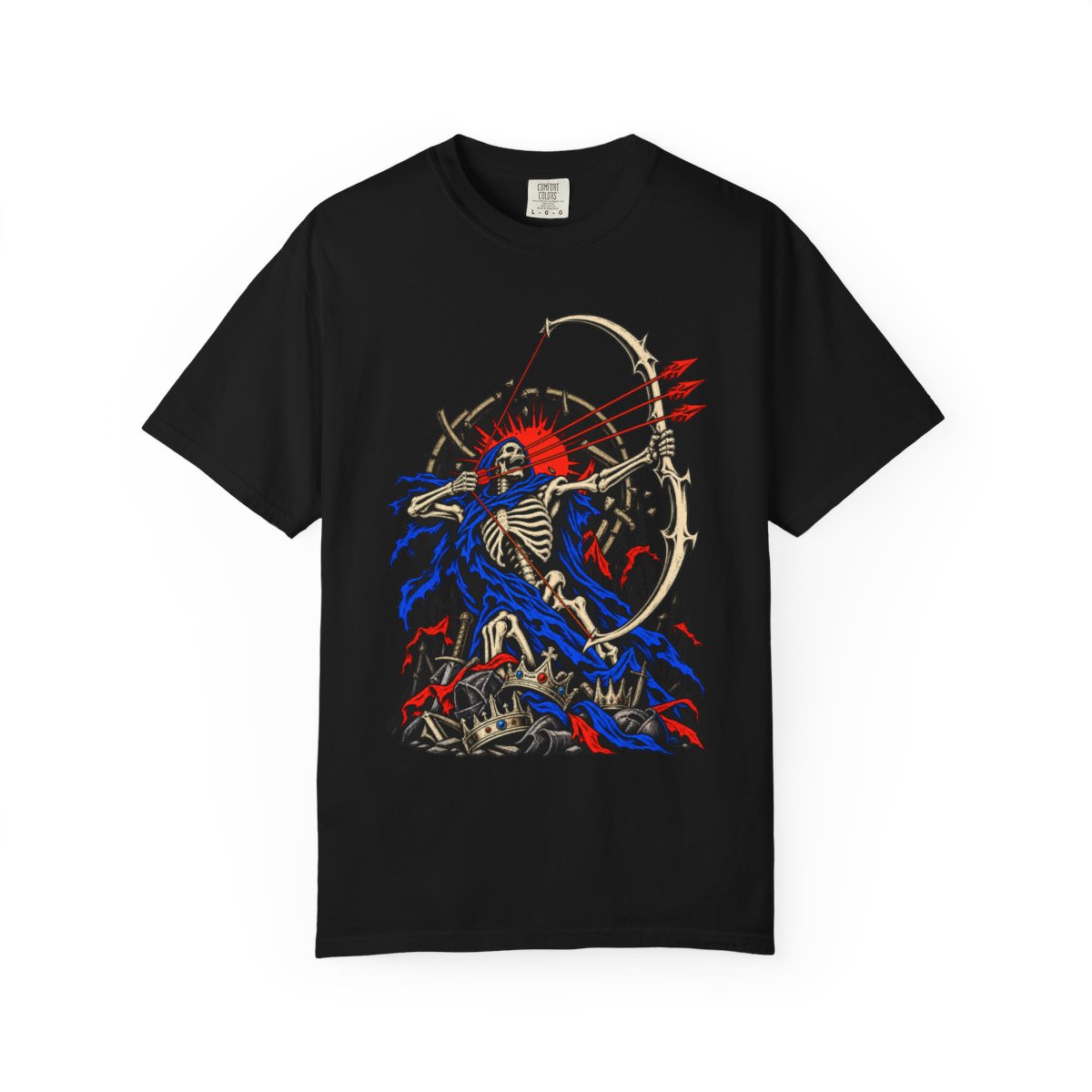 Death's Release Front Print Tee large front print on a Black Comfort Colors 1717 tee