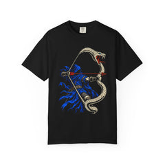 Serpent String Front Print Tee large front print on a Black Comfort Colors 1717 tee