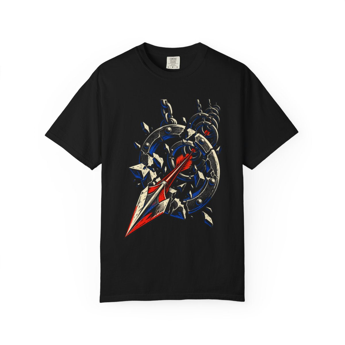 Seven Gates Front Print Tee large front print on a Black Comfort Colors 1717 tee