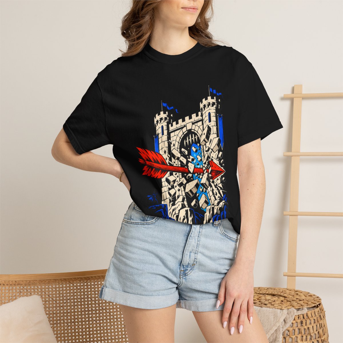 Wallbreaker Front Print Tee worn Printify context view on a Black Comfort Colors 1717 tee