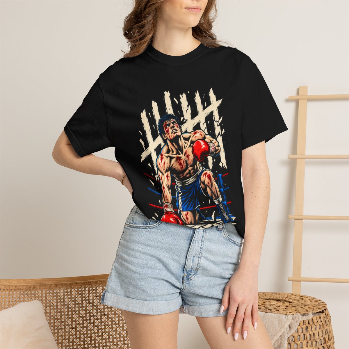 Against the Count Front Print Tee worn Printify context view on a Black Comfort Colors 1717 tee