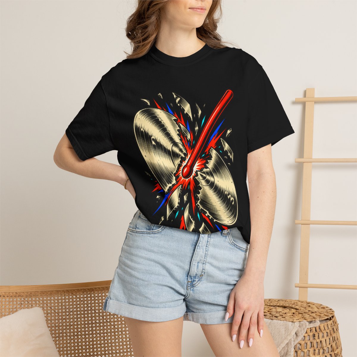 Cymbal Splitter Front Print Tee worn Printify context view on a Black Comfort Colors 1717 tee