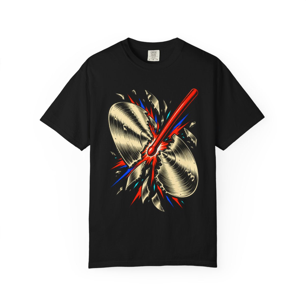 Cymbal Splitter Front Print Tee large front print on a Black Comfort Colors 1717 tee