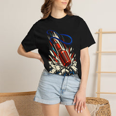 Mic Drop Front Print Tee worn Printify context view on a Black Comfort Colors 1717 tee