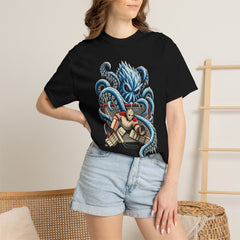 Crease Leviathan Front Print Tee worn Printify context view on a Black Comfort Colors 1717 tee