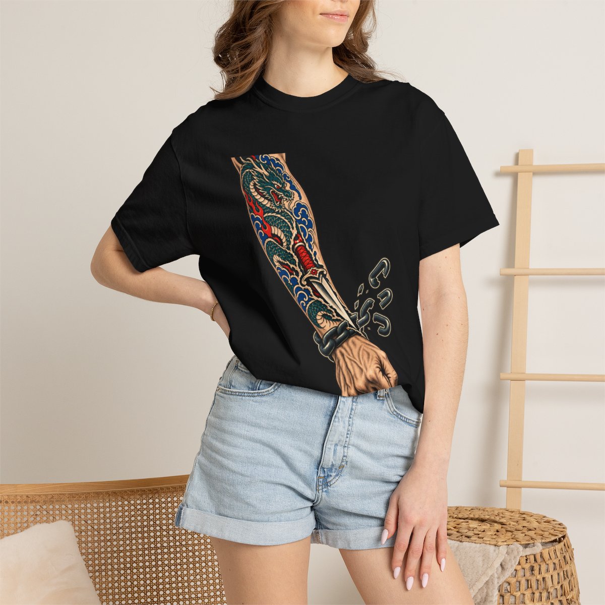 Dagger Cuts Free Front Print Tee worn Printify context view on a Black Comfort Colors 1717 tee