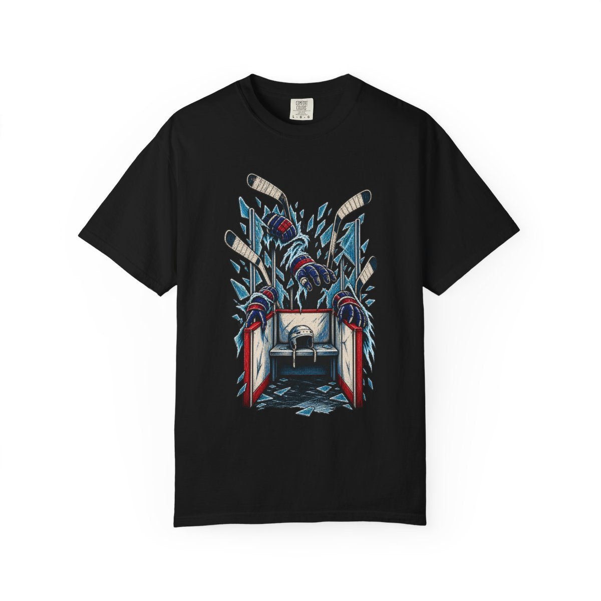 Penalty Box Possession Front Print Tee large front print on a Black Comfort Colors 1717 tee