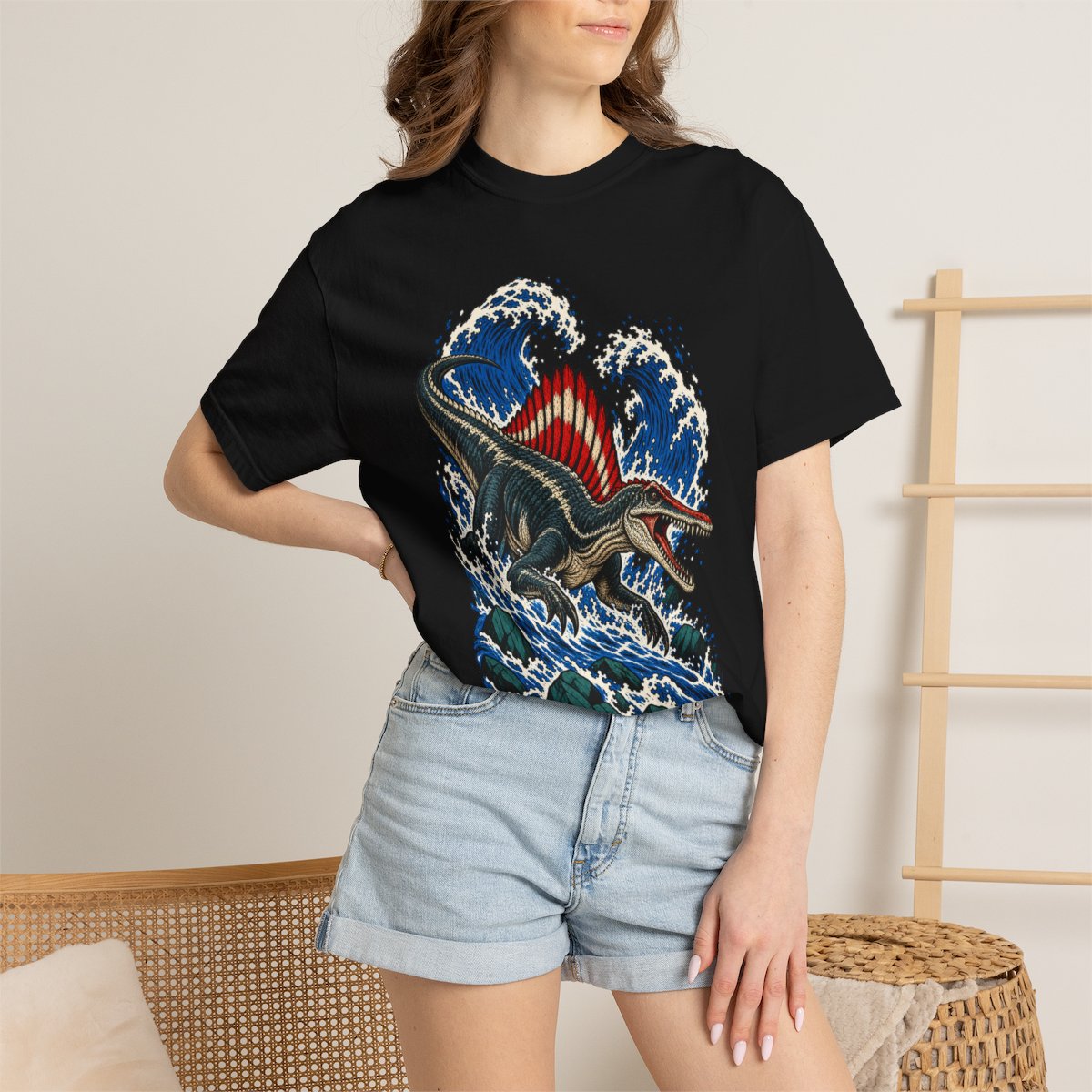 River Spine Front Print Tee worn Printify context view on a Black Comfort Colors 1717 tee