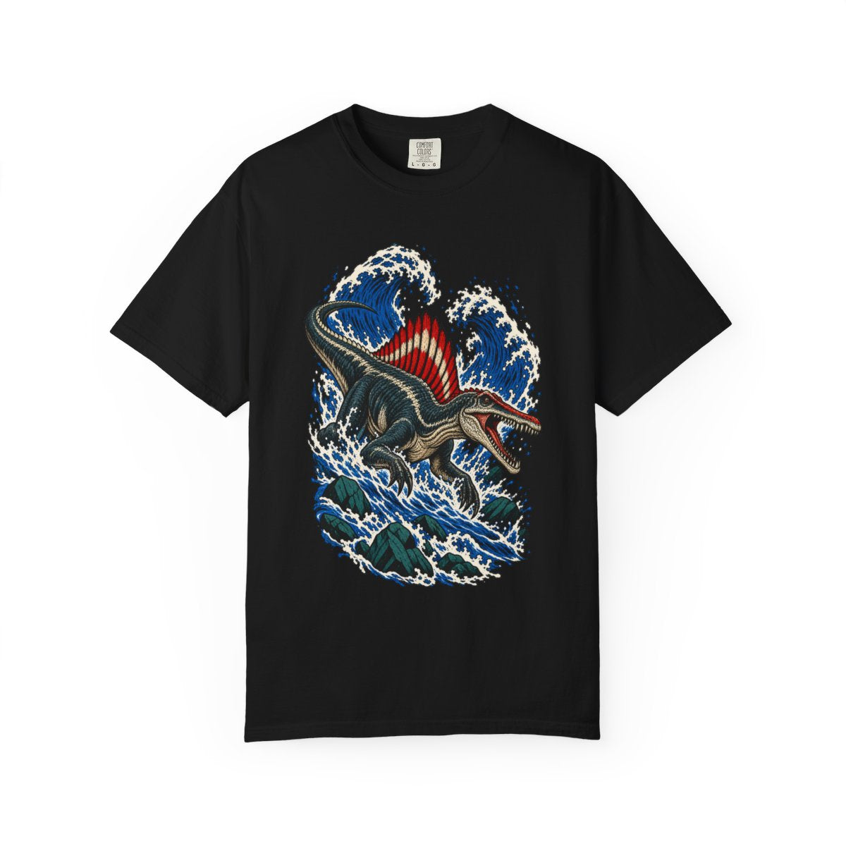 River Spine Front Print Tee large front print on a Black Comfort Colors 1717 tee