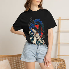 Shadow Throw Front Print Tee worn Printify context view on a Black Comfort Colors 1717 tee