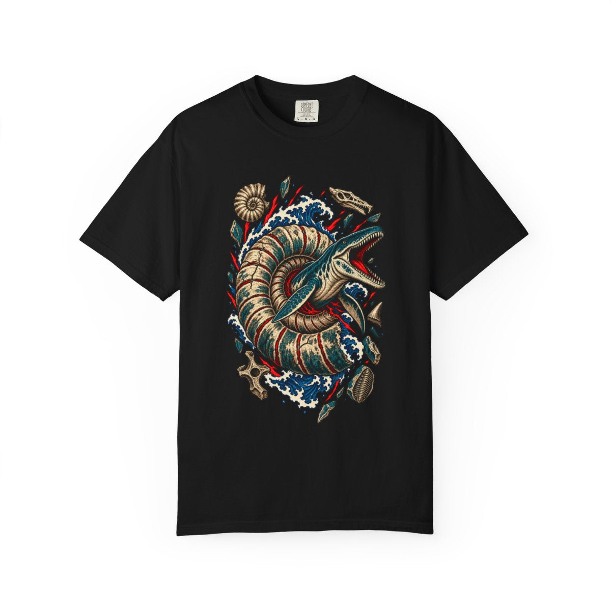 Time Spiral Front Print Tee large front print on a Black Comfort Colors 1717 tee