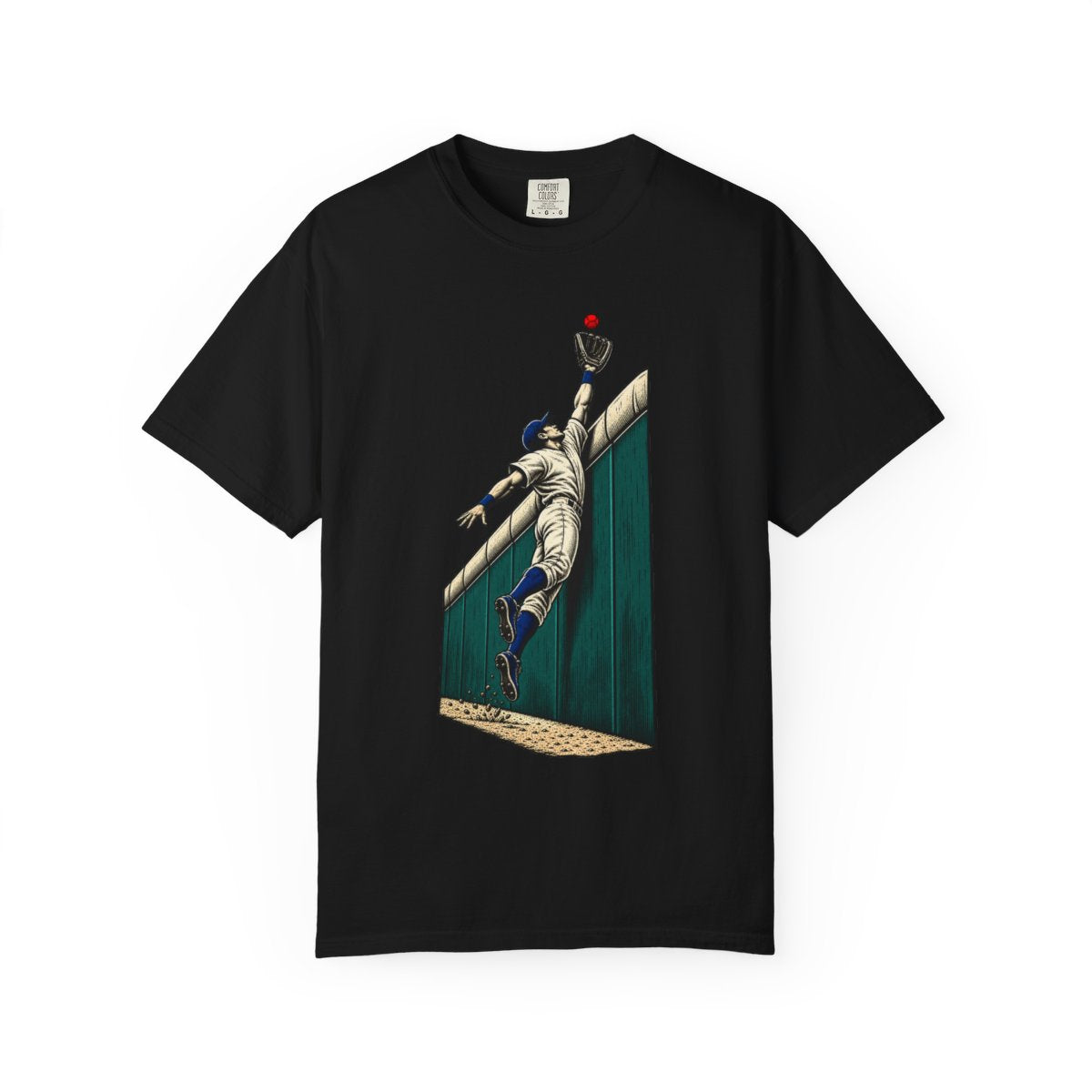Warning Track Wall Front Print Tee large front print on a Black Comfort Colors 1717 tee
