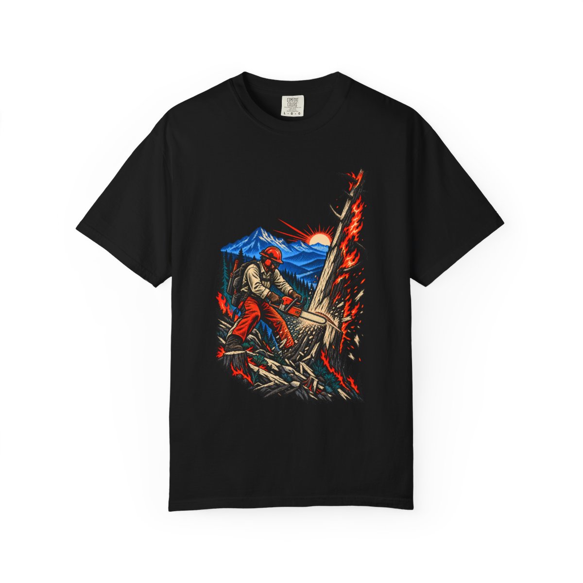 Chainsaw Dawn Front Print Tee large front print on a Black Comfort Colors 1717 tee