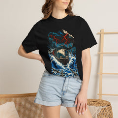 Flooded Mile Front Print Tee worn Printify context view on a Black Comfort Colors 1717 tee