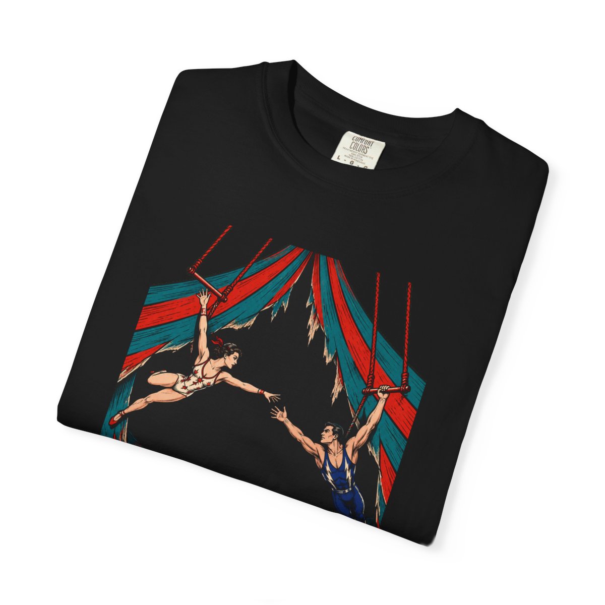Trapeze Over the Bottomless Tent Front Print Tee folded front print detail