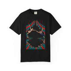 Trapeze Over the Bottomless Tent Front Print Tee large front print on a Black Comfort Colors 1717 tee