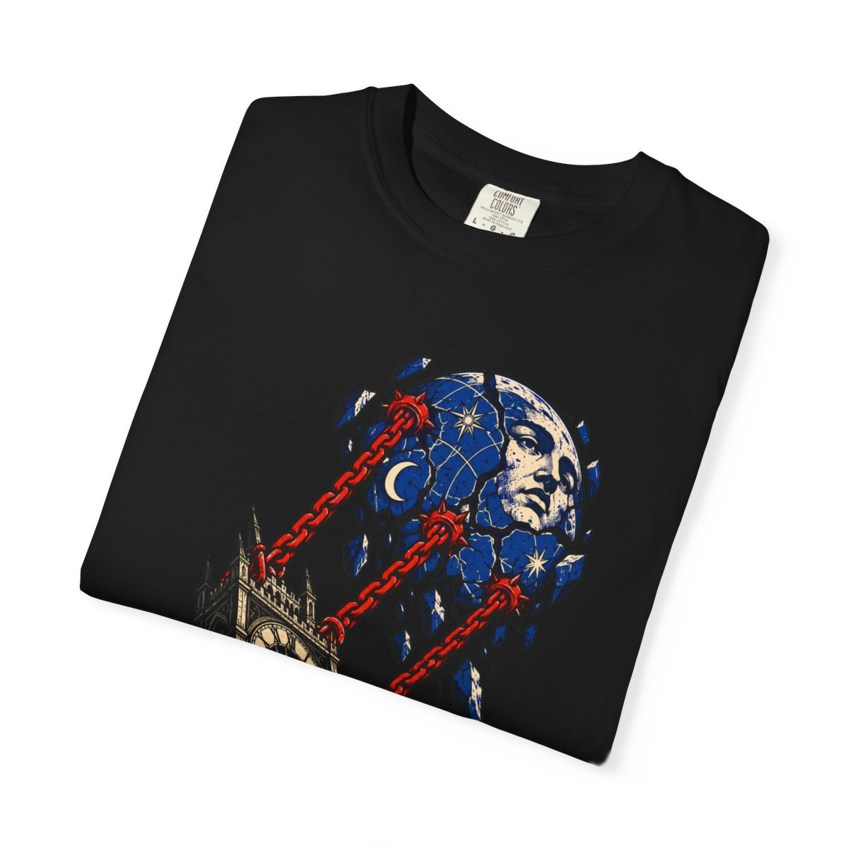 Clocktower Pulls Down Midnight Front Print Tee folded front print detail