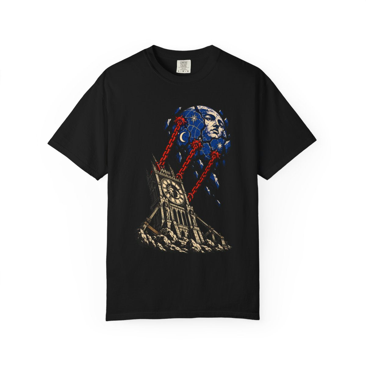 Clocktower Pulls Down Midnight Front Print Tee large front print on a Black Comfort Colors 1717 tee