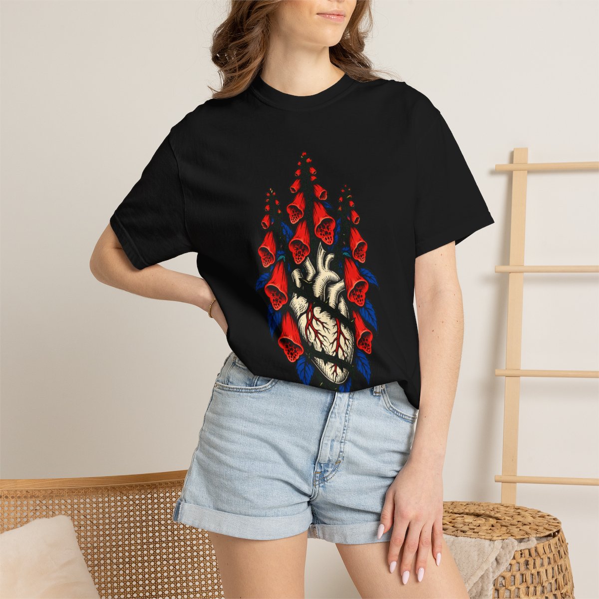 Foxglove Holds the Heart Front Print Tee worn Printify context view on a Black Comfort Colors 1717 tee