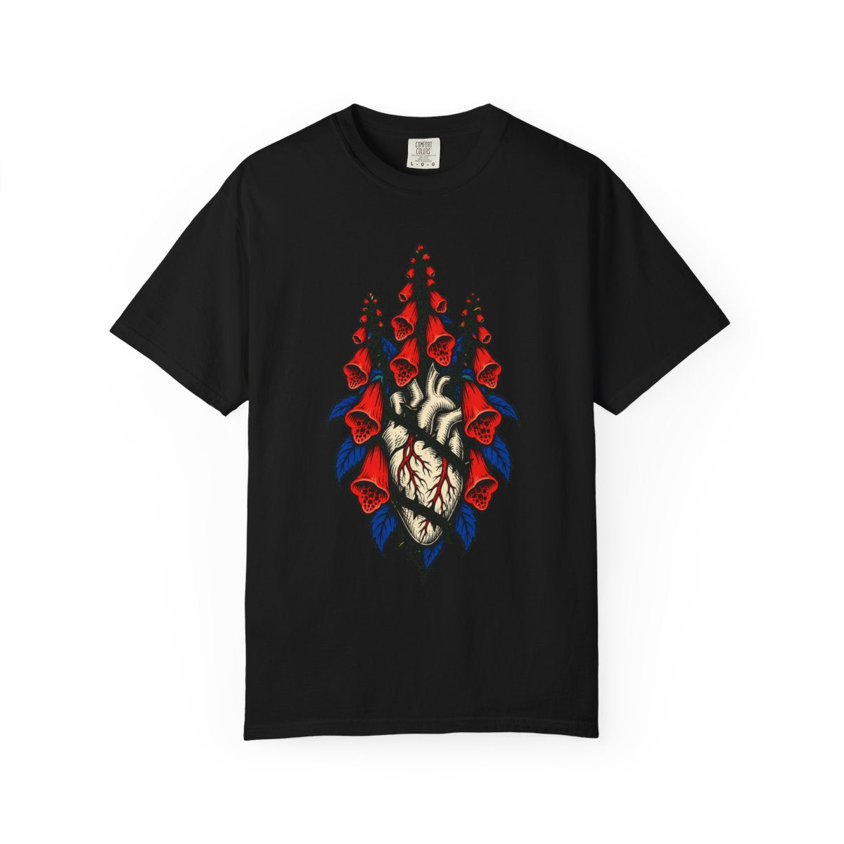 Foxglove Holds the Heart Front Print Tee large front print on a Black Comfort Colors 1717 tee