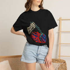 The Comet Is Chained Front Print Tee worn Printify context view on a Black Comfort Colors 1717 tee