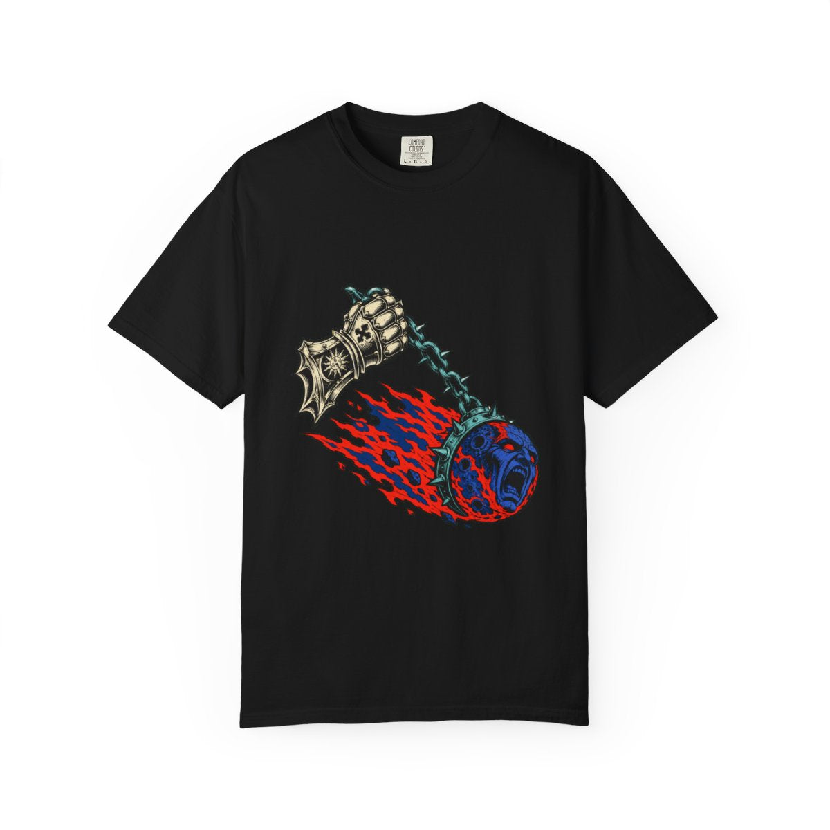 The Comet Is Chained Front Print Tee large front print on a Black Comfort Colors 1717 tee