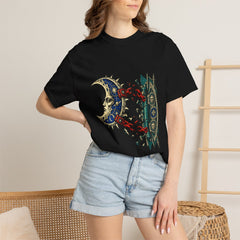 The Moon Comes Off Its Hinge Front Print Tee worn Printify context view on a Black Comfort Colors 1717 tee