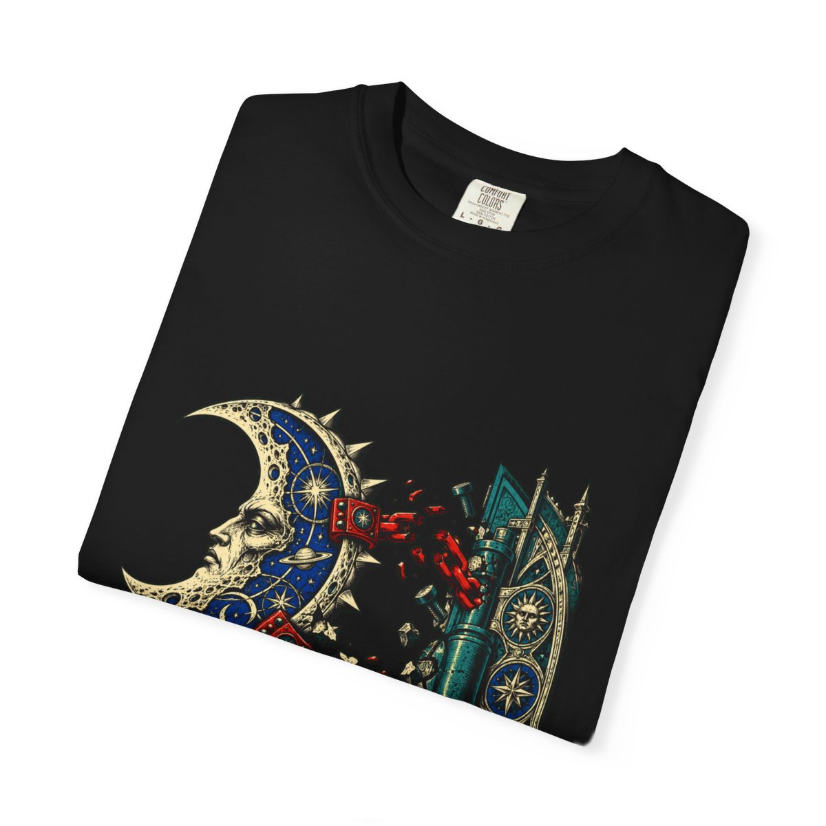 The Moon Comes Off Its Hinge Front Print Tee folded front print detail