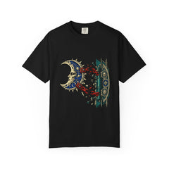 The Moon Comes Off Its Hinge Front Print Tee large front print on a Black Comfort Colors 1717 tee