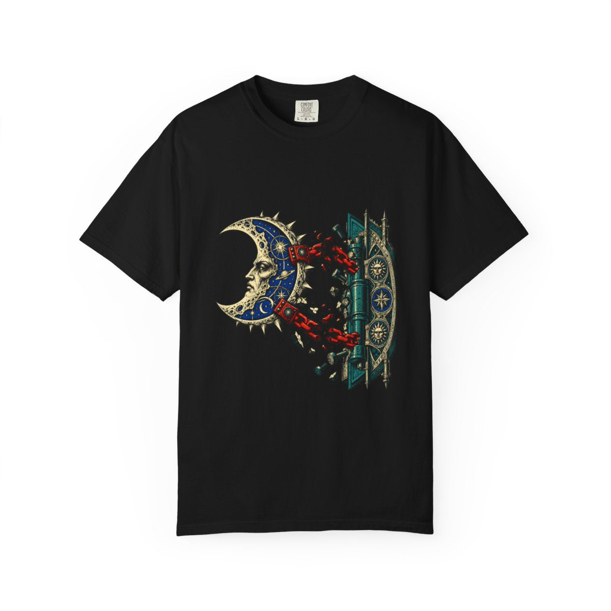 The Moon Comes Off Its Hinge Front Print Tee large front print on a Black Comfort Colors 1717 tee