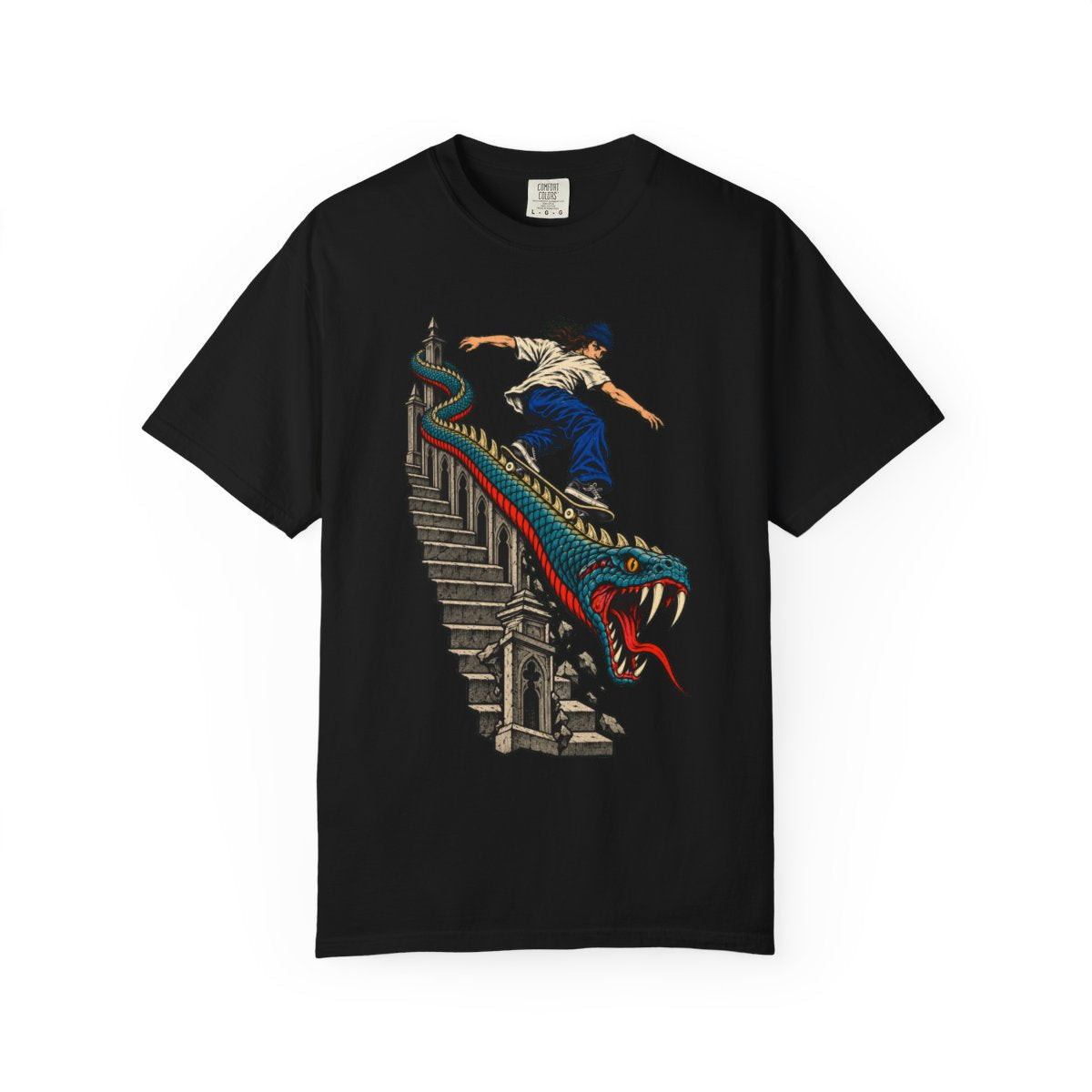 The Rail Bites Back Front Print Tee large front print on a Black Comfort Colors 1717 tee