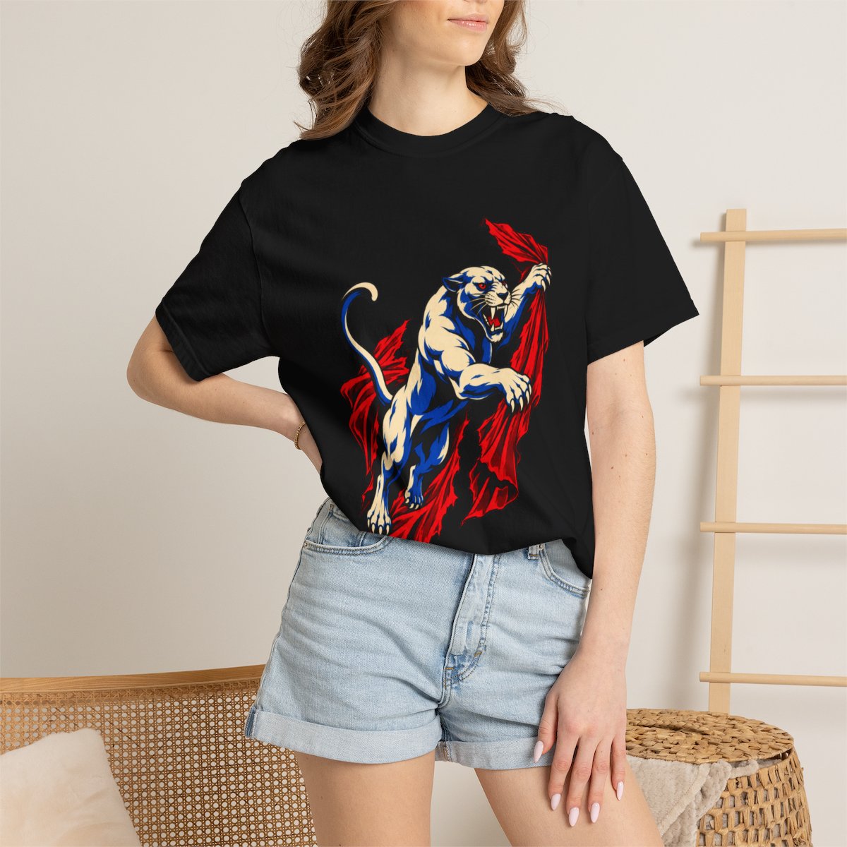 Panther Tears the Velvet Front Print Tee worn Printify context view on a Black Comfort Colors 1717 tee