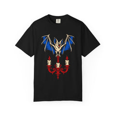 The Chandelier Takes Flight Front Print Tee large front print on a Black Comfort Colors 1717 tee