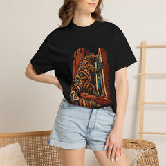 Gila Monster Opens the Hidden Gate Front Print Tee worn Printify context view on a Black Comfort Colors 1717 tee