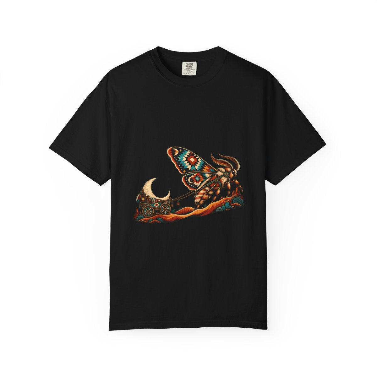 The Moon Wagon Never Stops Front Print Tee large front print on a Black Comfort Colors 1717 tee