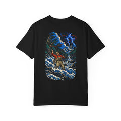 Fly Line Lightning Back Print Tee — large fishing artwork on the back of Black Comfort Colors 1717
