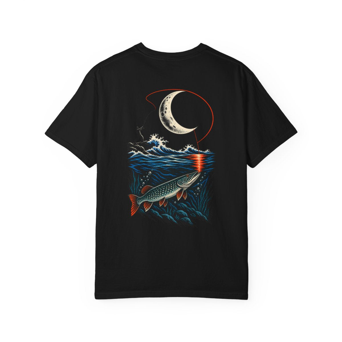 Hooked the Moon Back Print Tee — large fishing artwork on the back of Black Comfort Colors 1717
