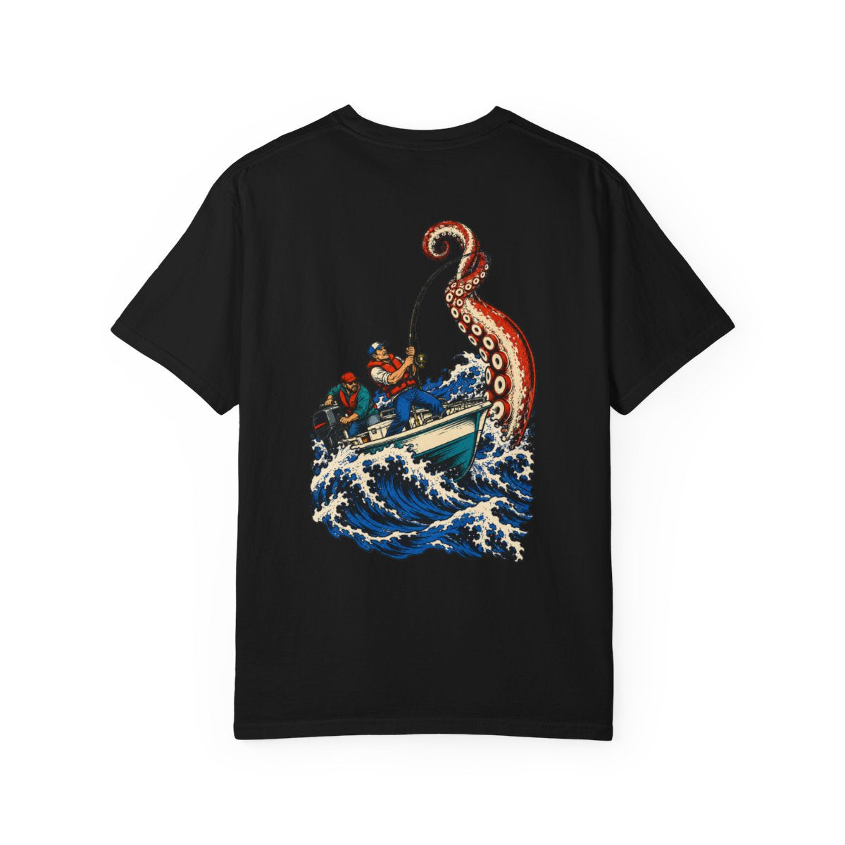 Kraken on Light Tackle Back Print Tee — large fishing artwork on the back of Black Comfort Colors 1717