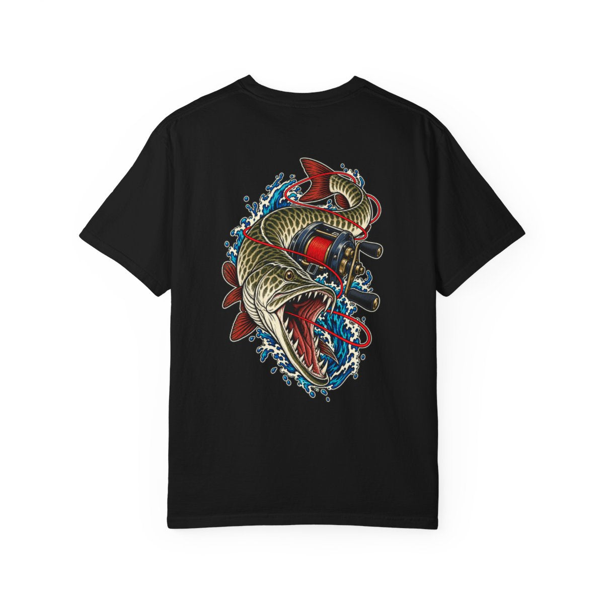 Line Burner Back Print Tee — large fishing artwork on the back of Black Comfort Colors 1717