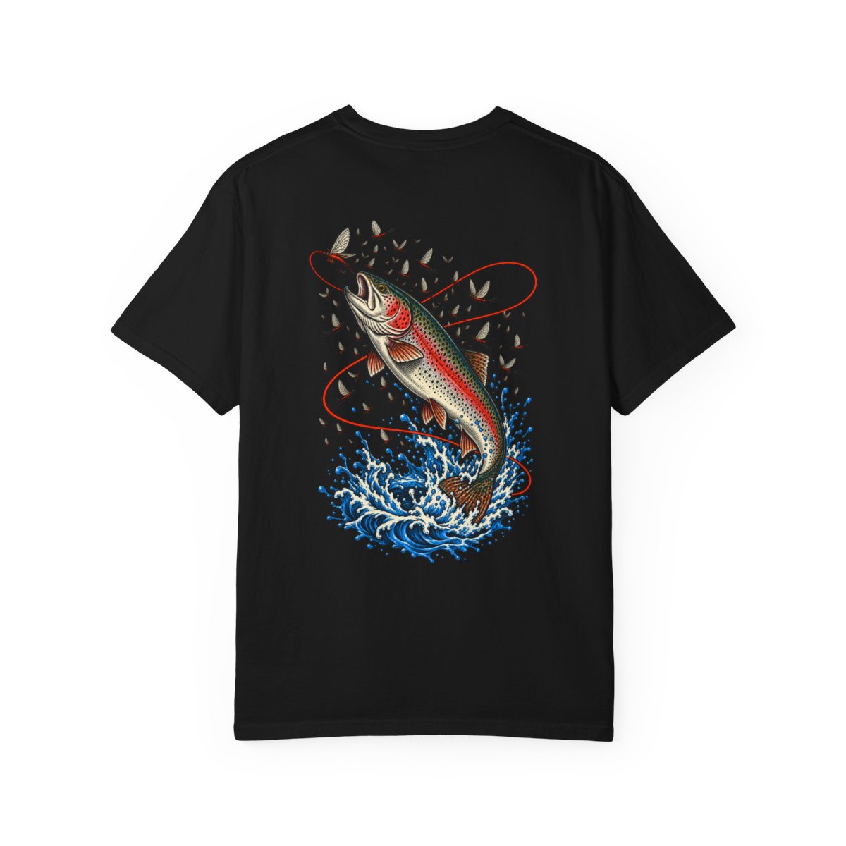 Mayfly Fire Back Print Tee — large fishing artwork on the back of Black Comfort Colors 1717