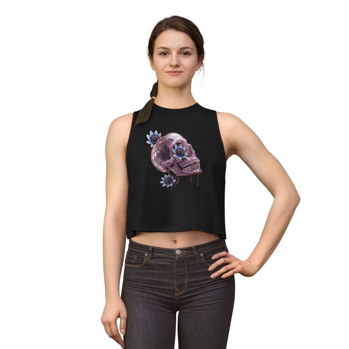 Passionflower Witness crop top — worn front view